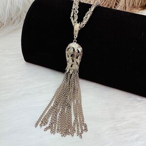 Gorgeous, rare aged Silvertone vintage fringe pendant, double chain necklace